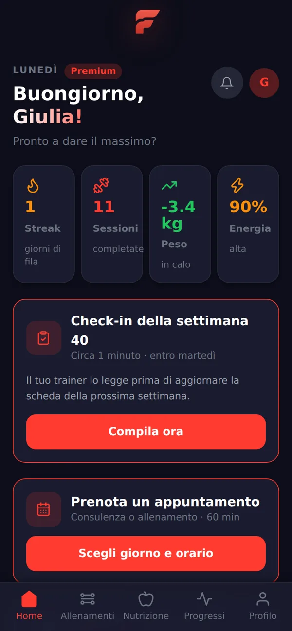 La home dell'app del cliente