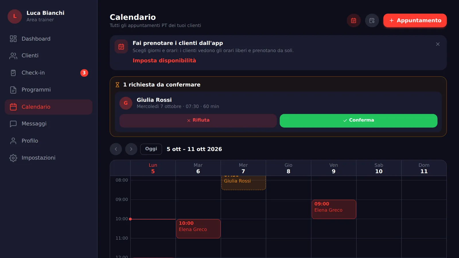Il calendario settimanale con una richiesta da confermare