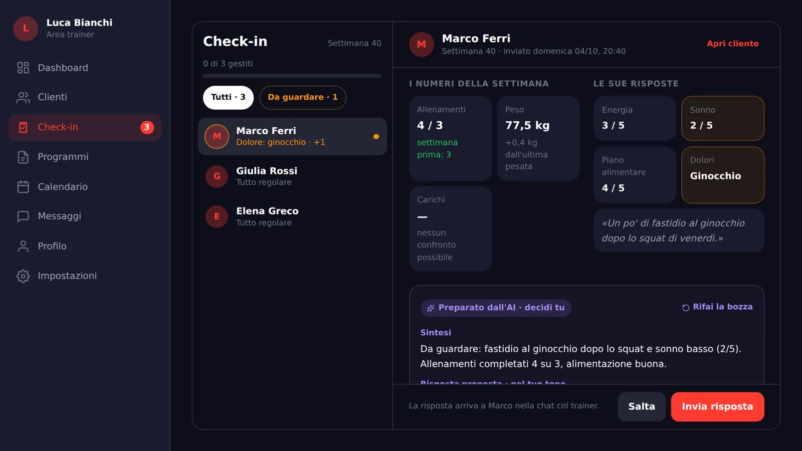 La coda dei check-in con sintesi e risposta proposta dall'AI