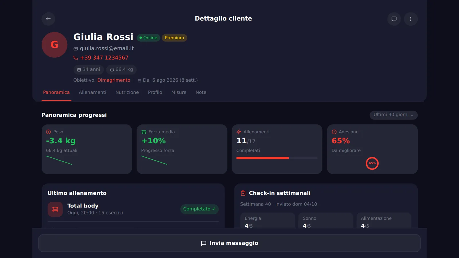 Il dettaglio di una cliente: peso, forza, allenamenti e check-in