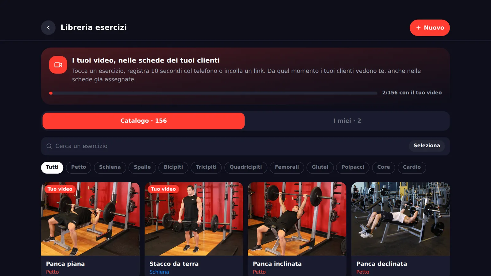 La libreria esercizi con il catalogo e i video del trainer